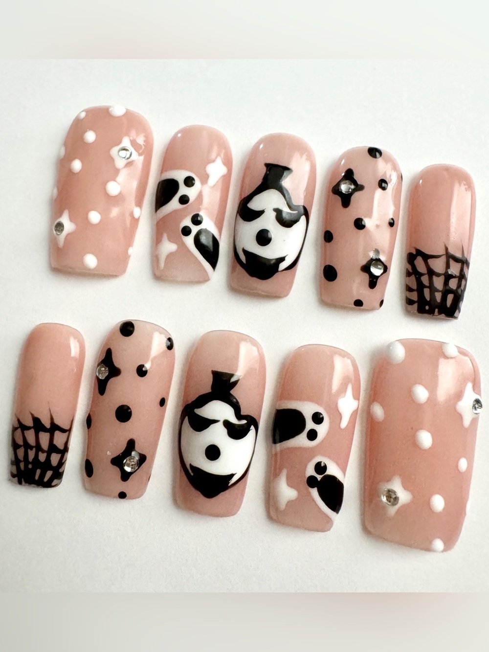 Nude Ghost Nail Set with Black & White Accents
